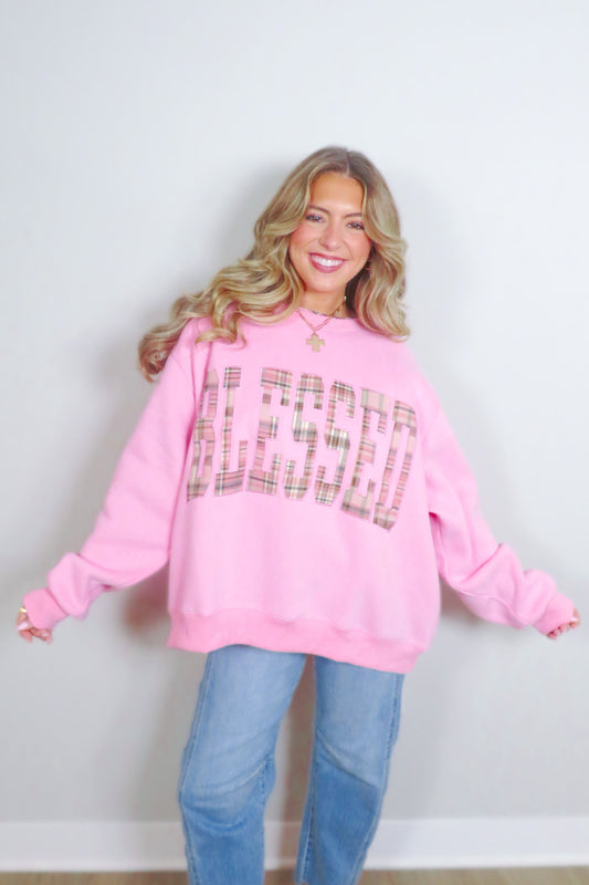 Blessed Plaid Embroidered Crewneck Sweatshirt