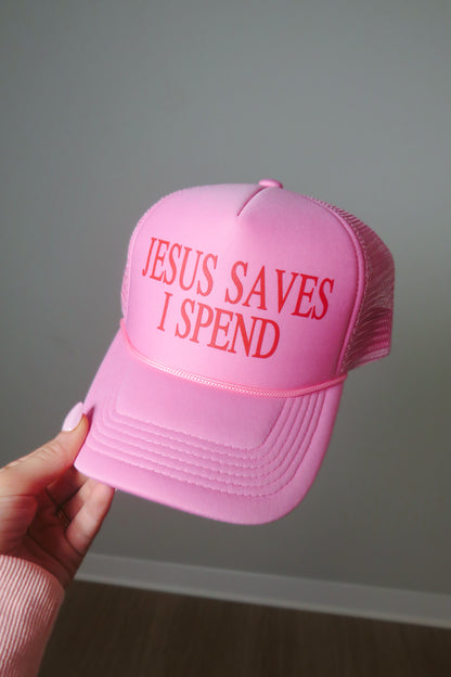 Jesus Saves, I Spend Trucker Hat - Pink