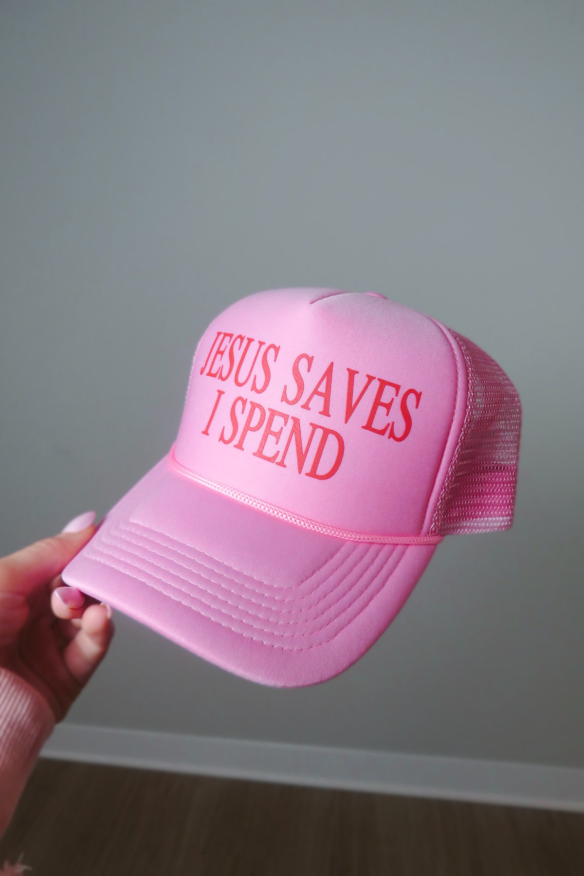 Jesus Saves, I Spend Trucker Hat - Pink