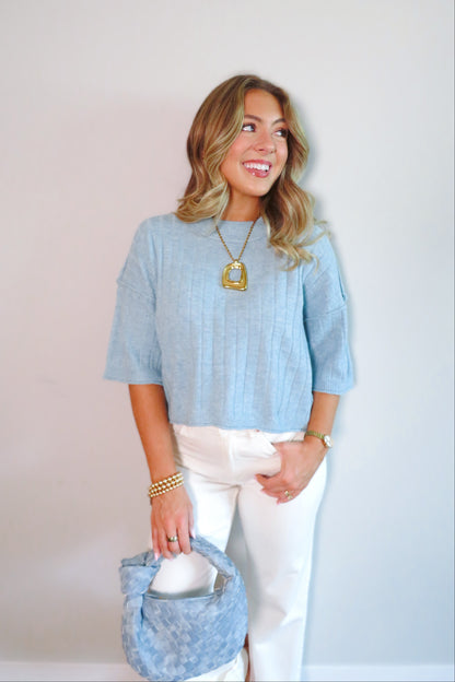 Bethany Cropped Short-Sleeved Sweater - Blue
