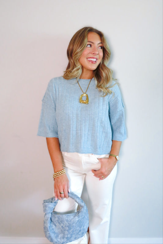 Bethany Cropped Short-Sleeved Sweater - Blue