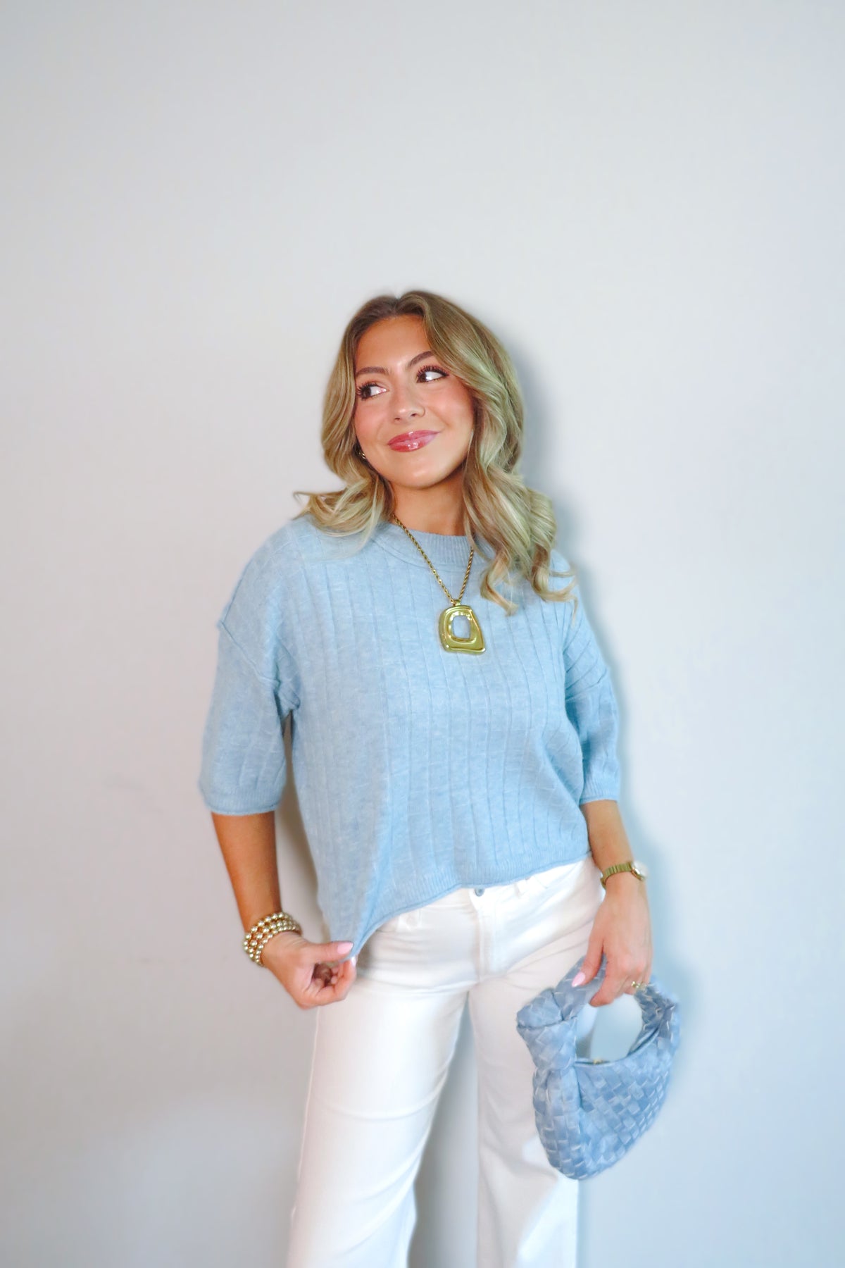 Bethany Cropped Short-Sleeved Sweater - Blue