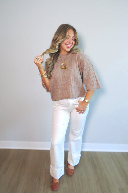 Bethany Cropped Short-Sleeved Sweater - Taupe