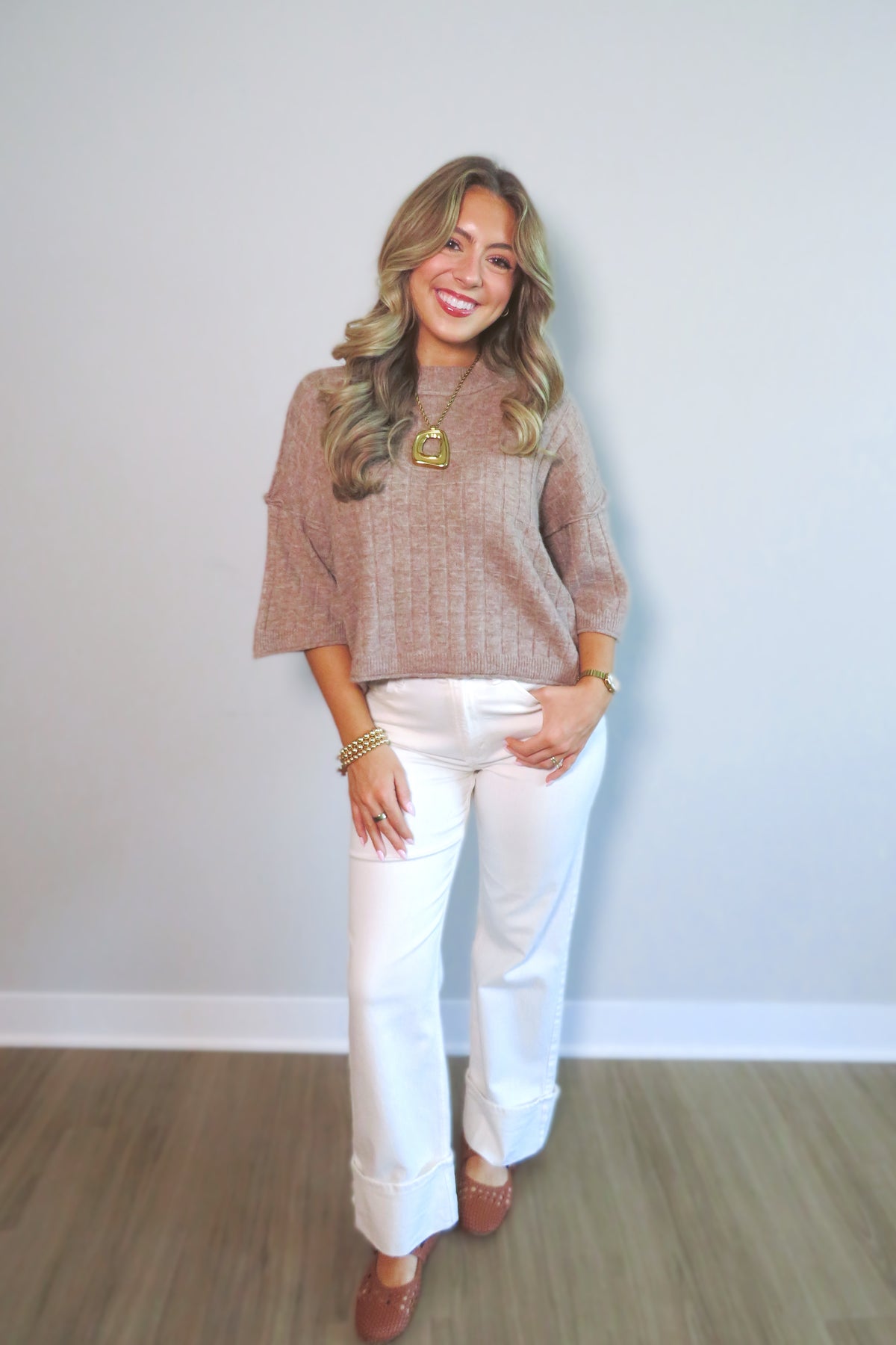 Bethany Cropped Short-Sleeved Sweater - Taupe