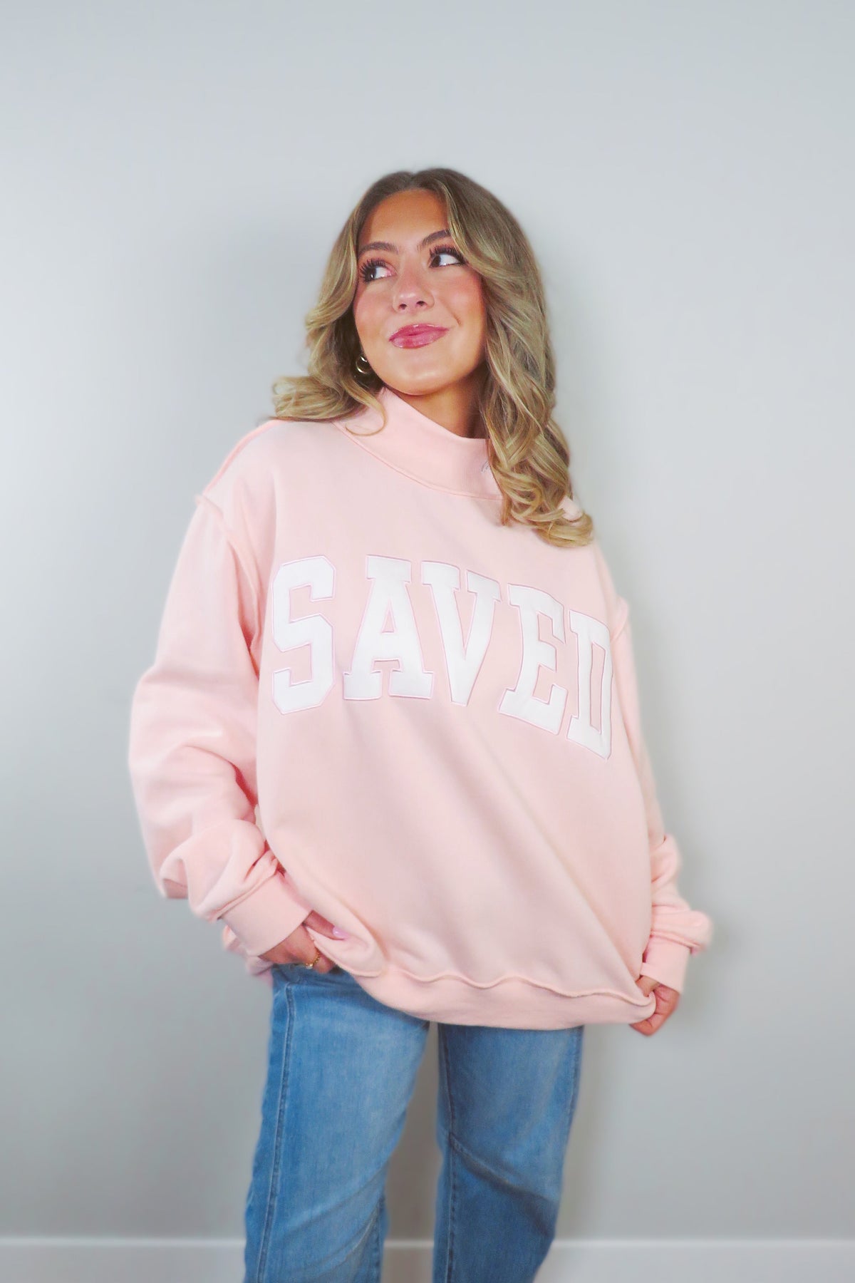 SAVED by Grace Embroidered Mockneck Sweatshirt - Light Pink