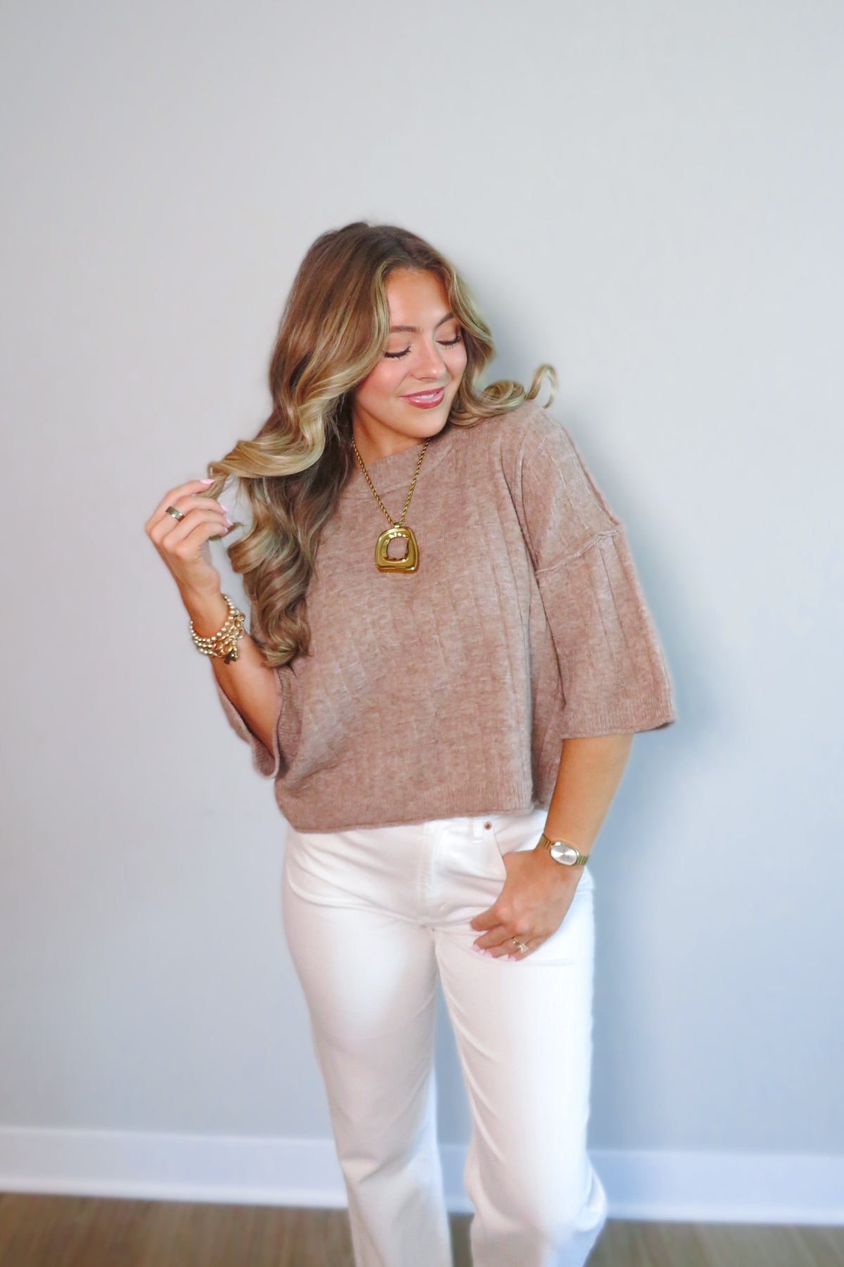 Bethany Cropped Short-Sleeved Sweater - Taupe