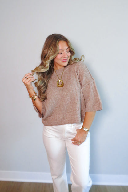 Bethany Cropped Short-Sleeved Sweater - Taupe