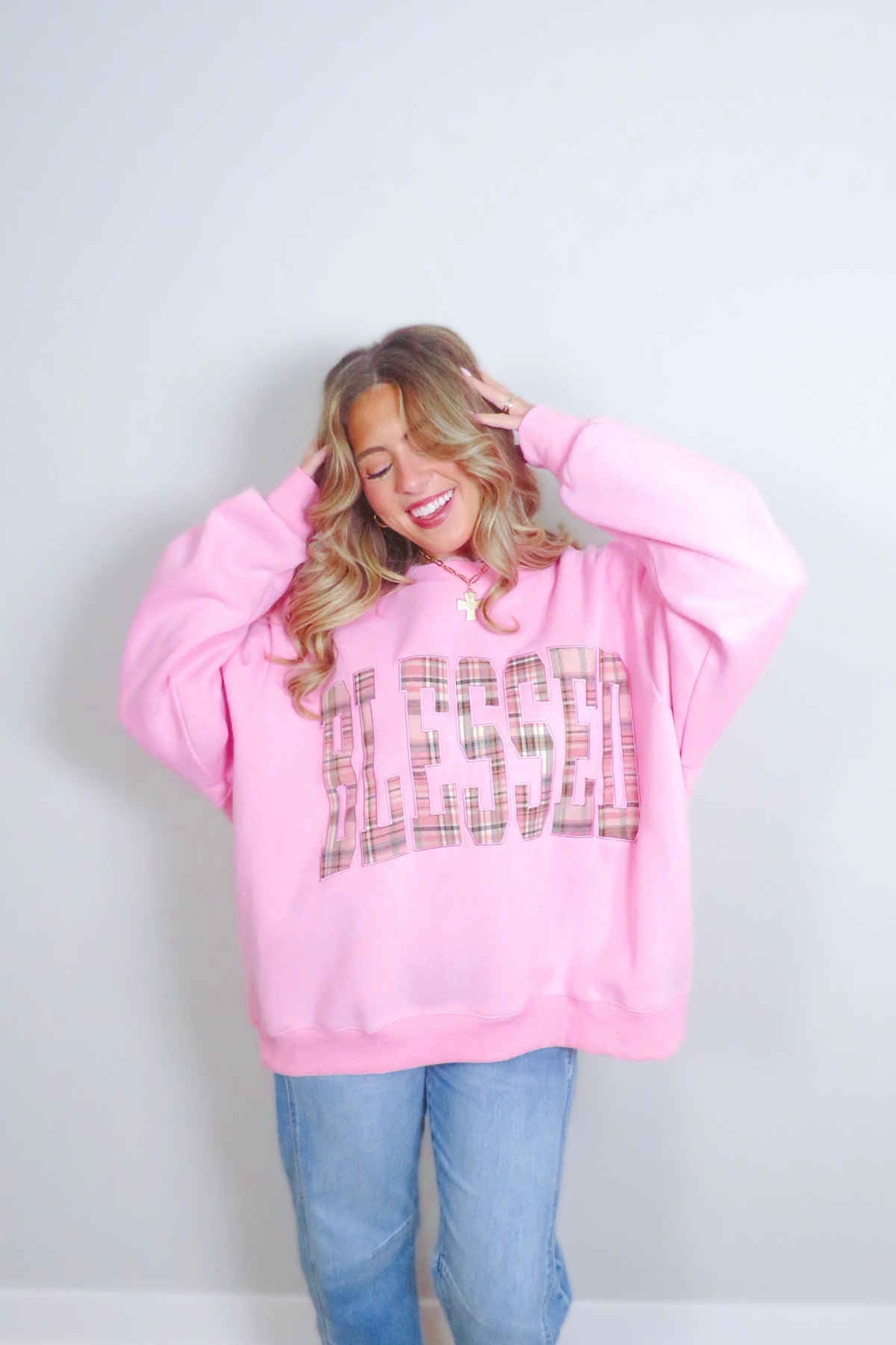 Blessed Plaid Embroidered Crewneck Sweatshirt