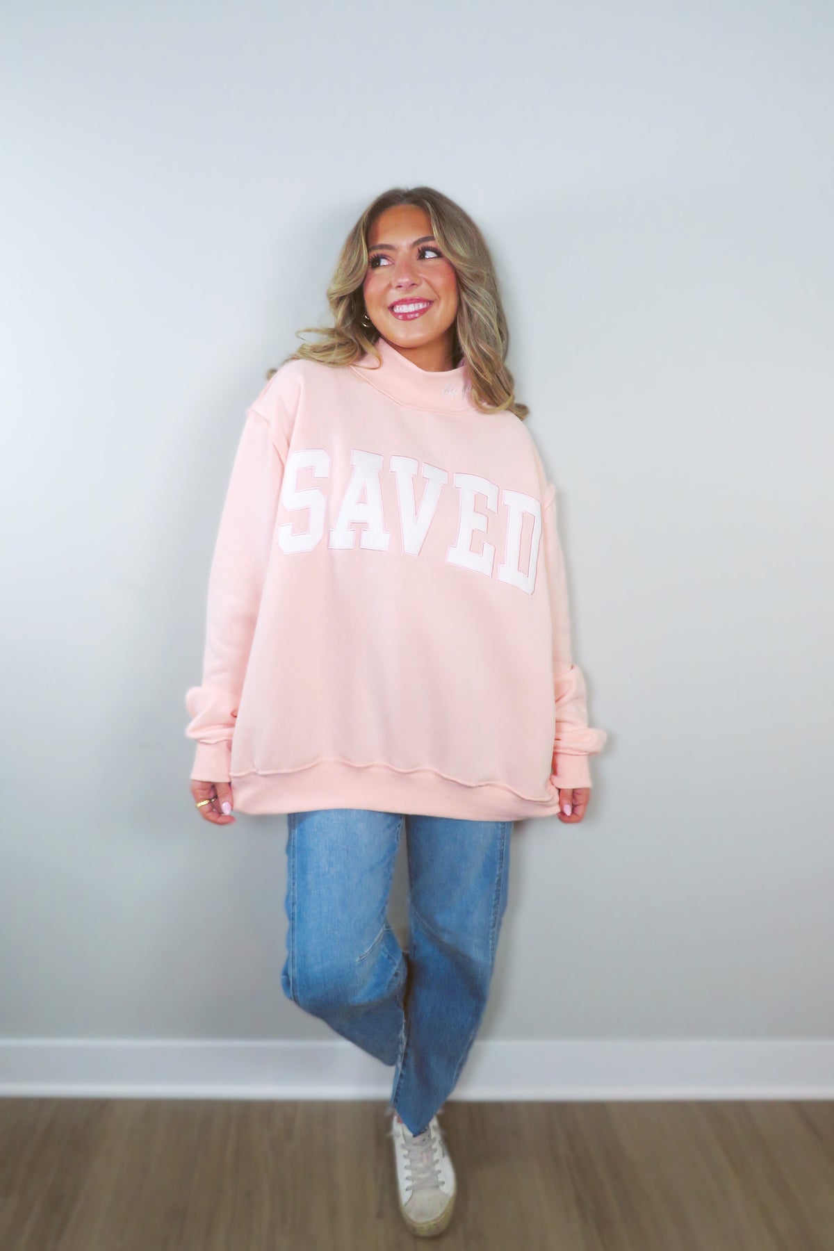 SAVED by Grace Embroidered Mockneck Sweatshirt - Light Pink
