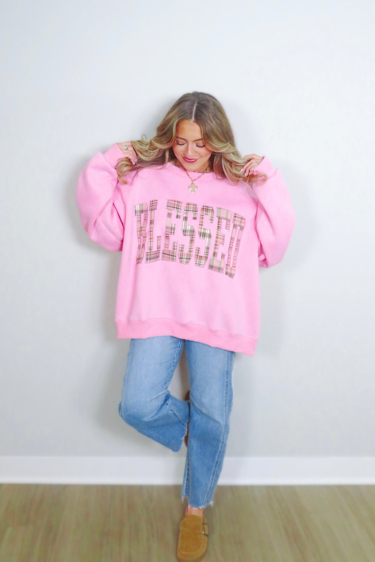 Blessed Plaid Embroidered Crewneck Sweatshirt