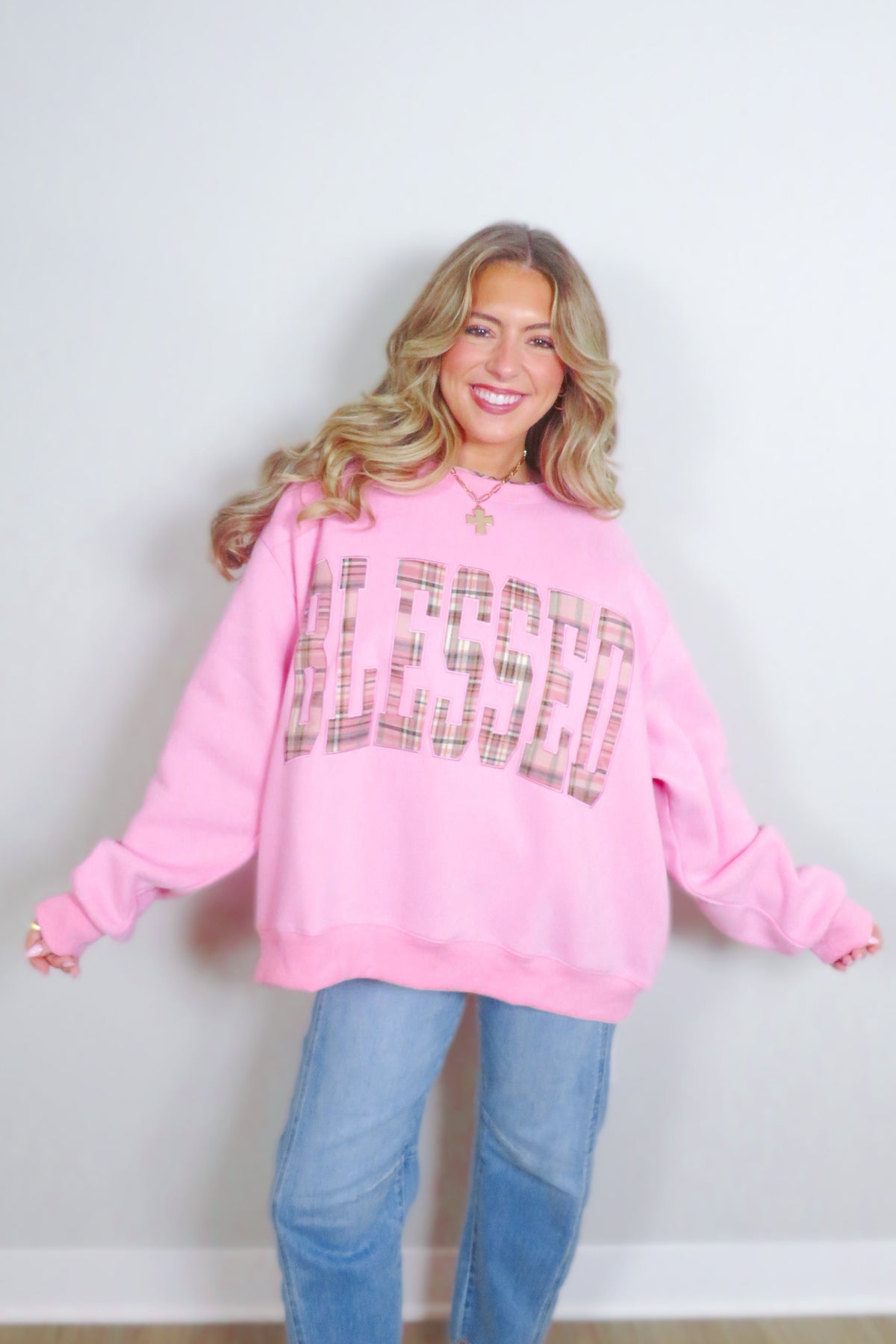 Blessed Plaid Embroidered Crewneck Sweatshirt