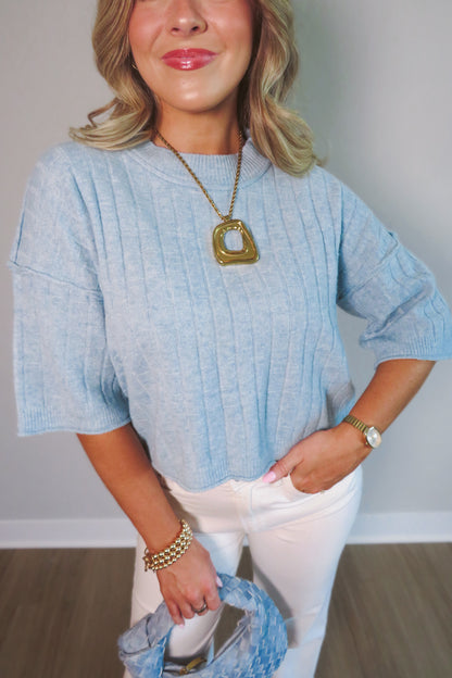Bethany Cropped Short-Sleeved Sweater - Blue