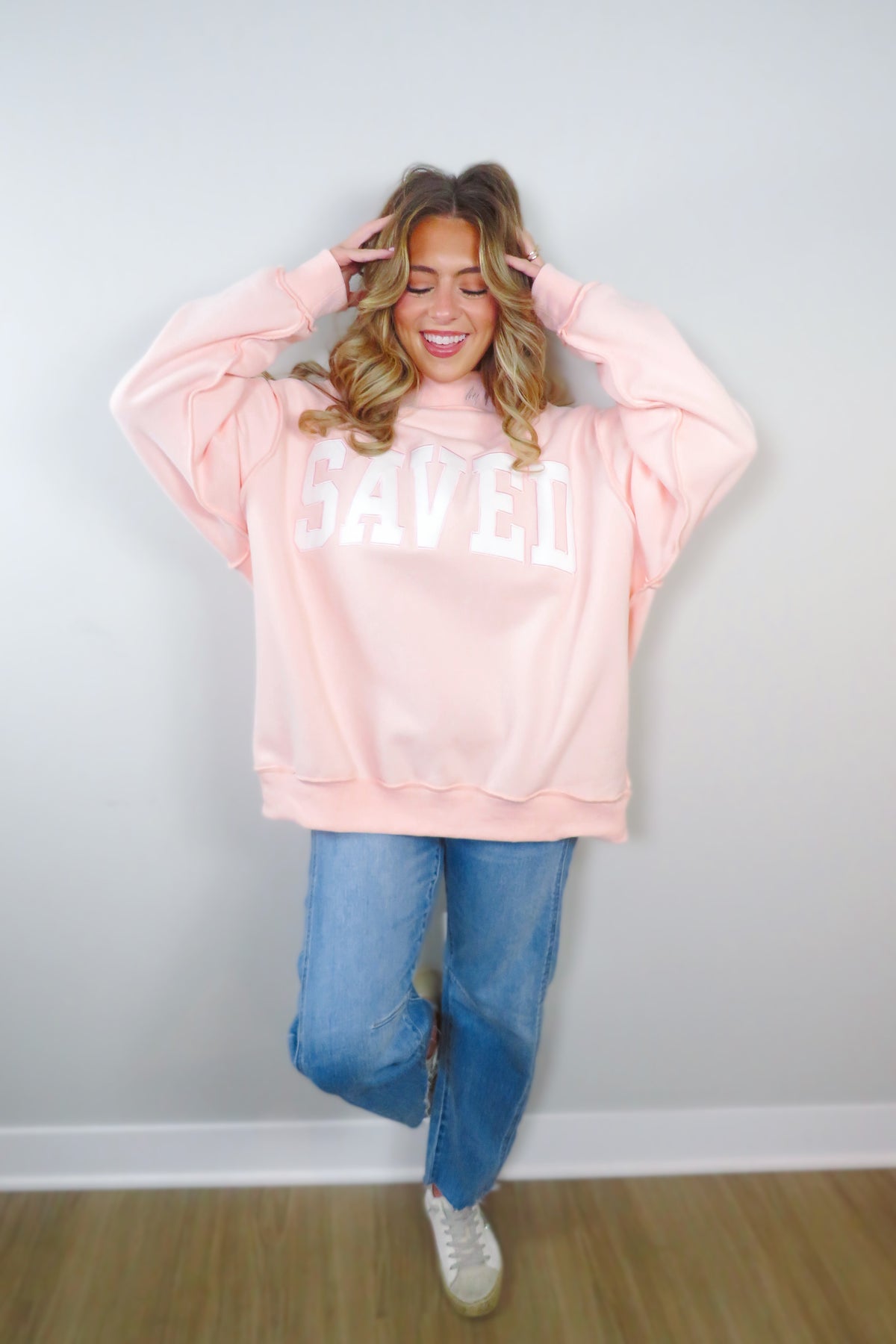 SAVED by Grace Embroidered Mockneck Sweatshirt - Light Pink