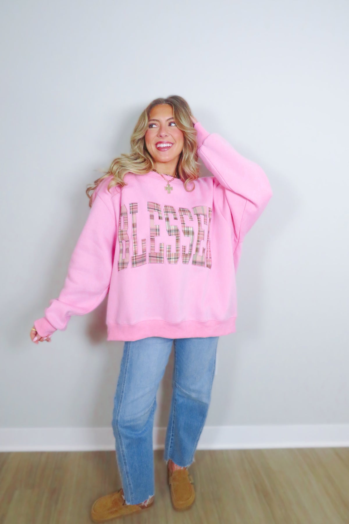 Blessed Plaid Embroidered Crewneck Sweatshirt