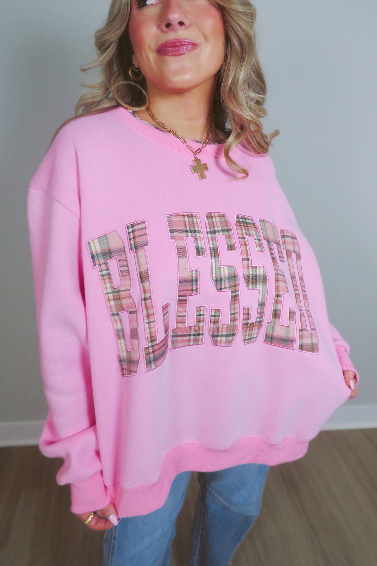 Blessed Plaid Embroidered Crewneck Sweatshirt