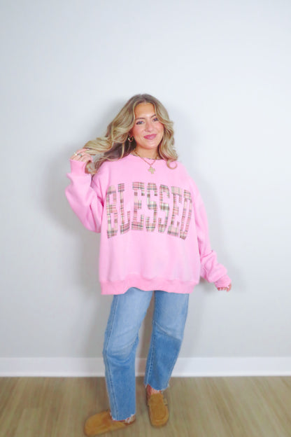 Blessed Plaid Embroidered Crewneck Sweatshirt