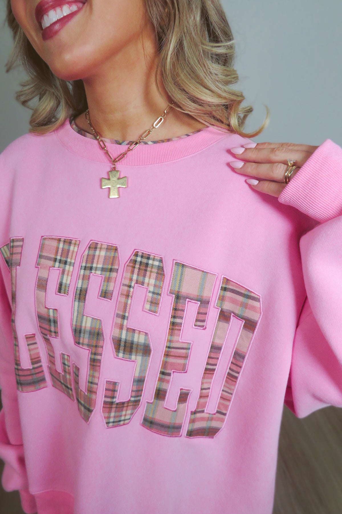 Blessed Plaid Embroidered Crewneck Sweatshirt