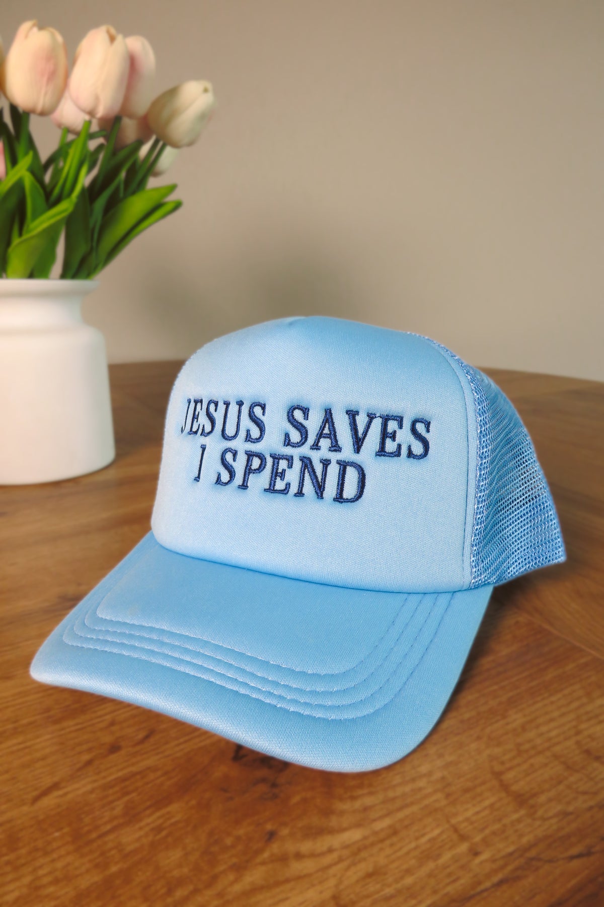 Jesus Saves, I Spend Trucker Hat - Blue