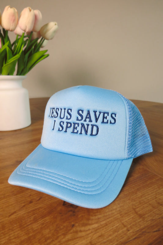 Jesus Saves, I Spend Trucker Hat - Blue