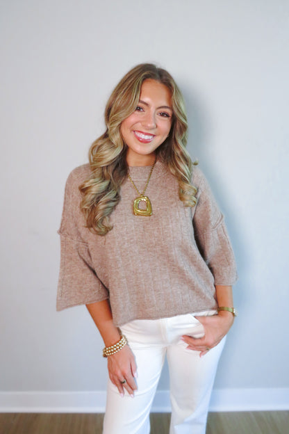 Bethany Cropped Short-Sleeved Sweater - Taupe
