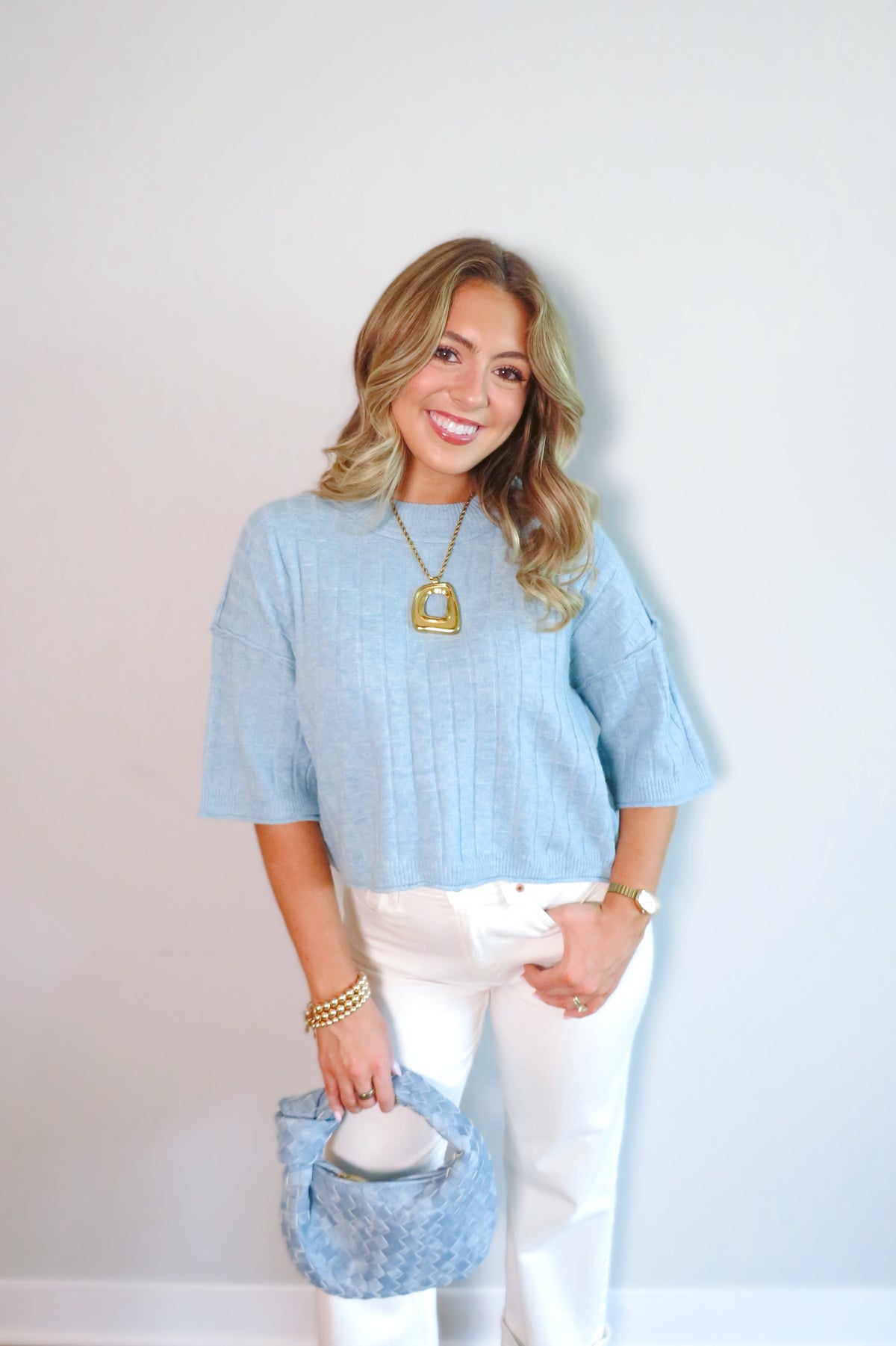 Bethany Cropped Short-Sleeved Sweater - Blue