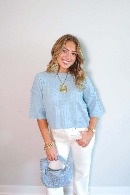 Bethany Cropped Short-Sleeved Sweater - Blue