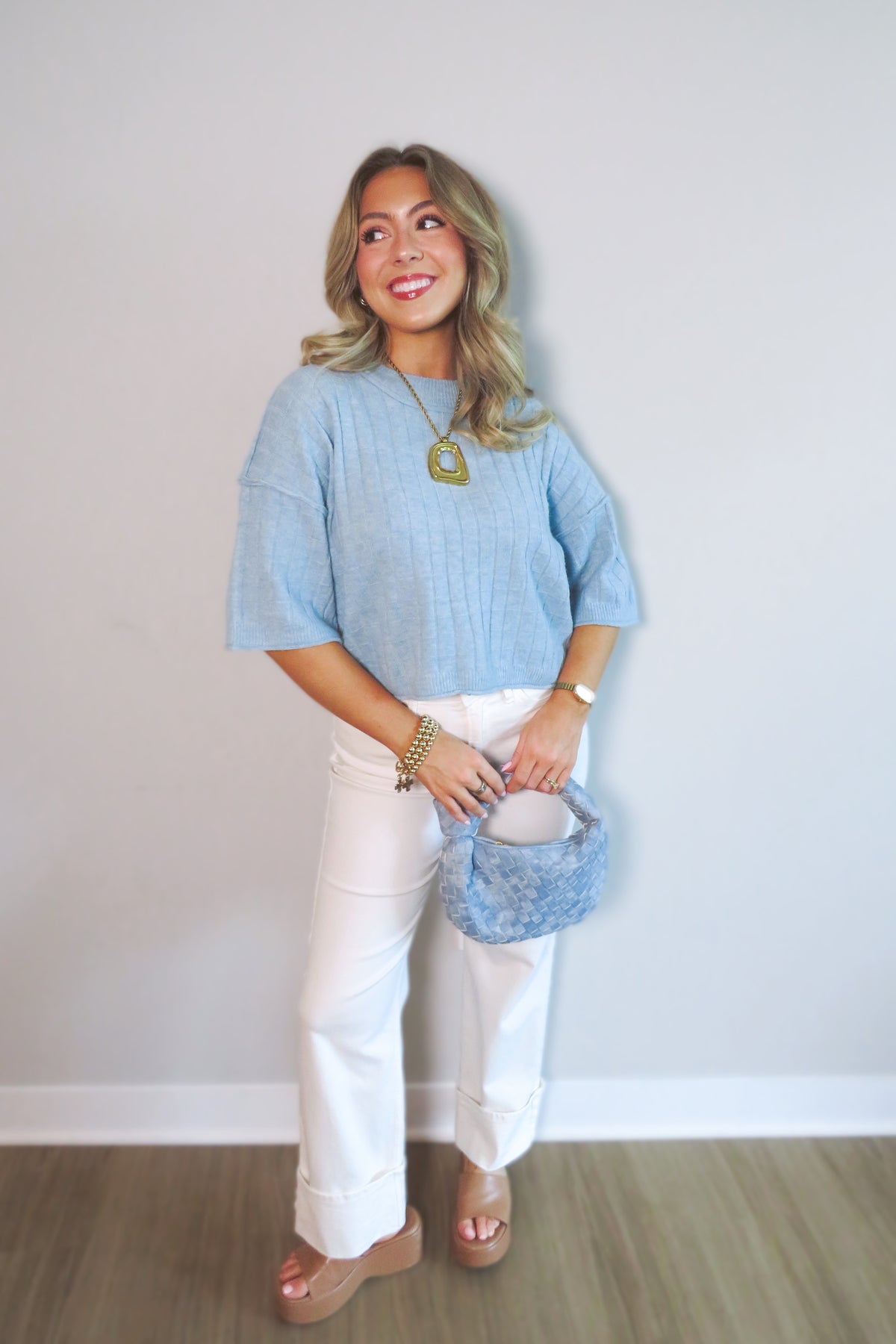Bethany Cropped Short-Sleeved Sweater - Blue