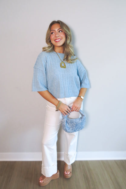 Bethany Cropped Short-Sleeved Sweater - Blue